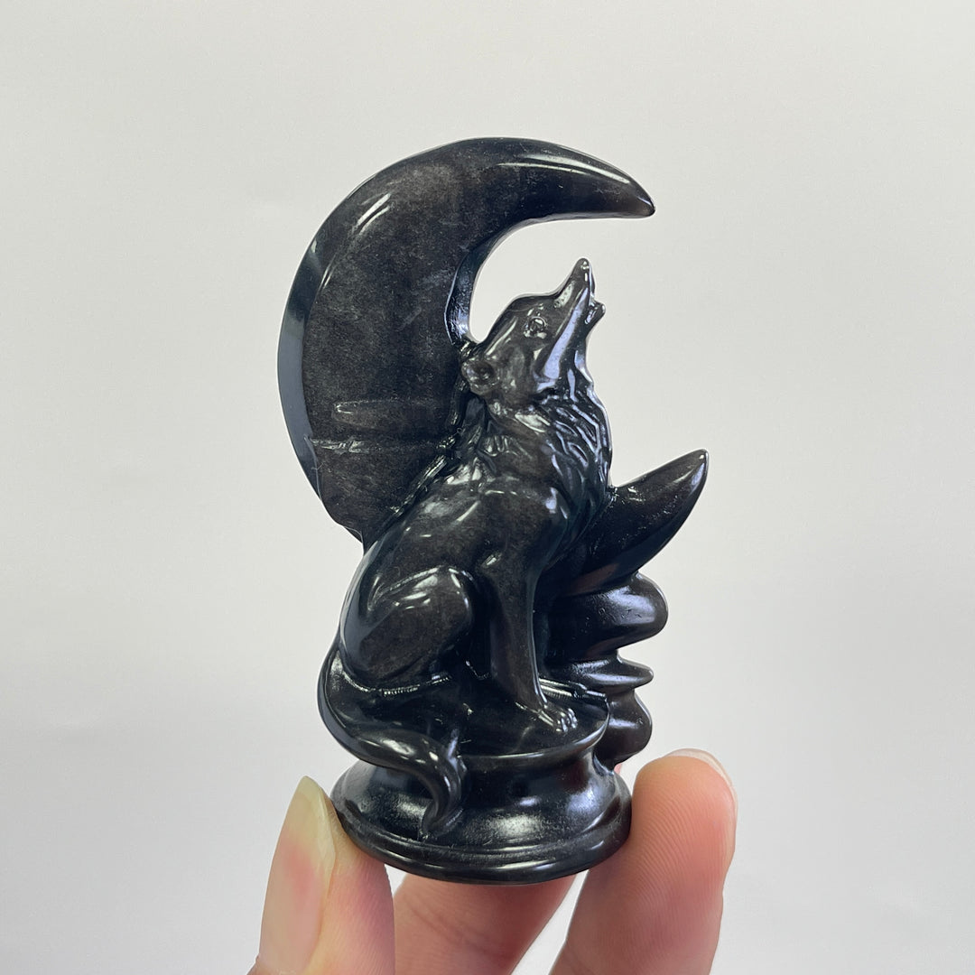 Natural Carving Silver Obsidian Moon Wolf