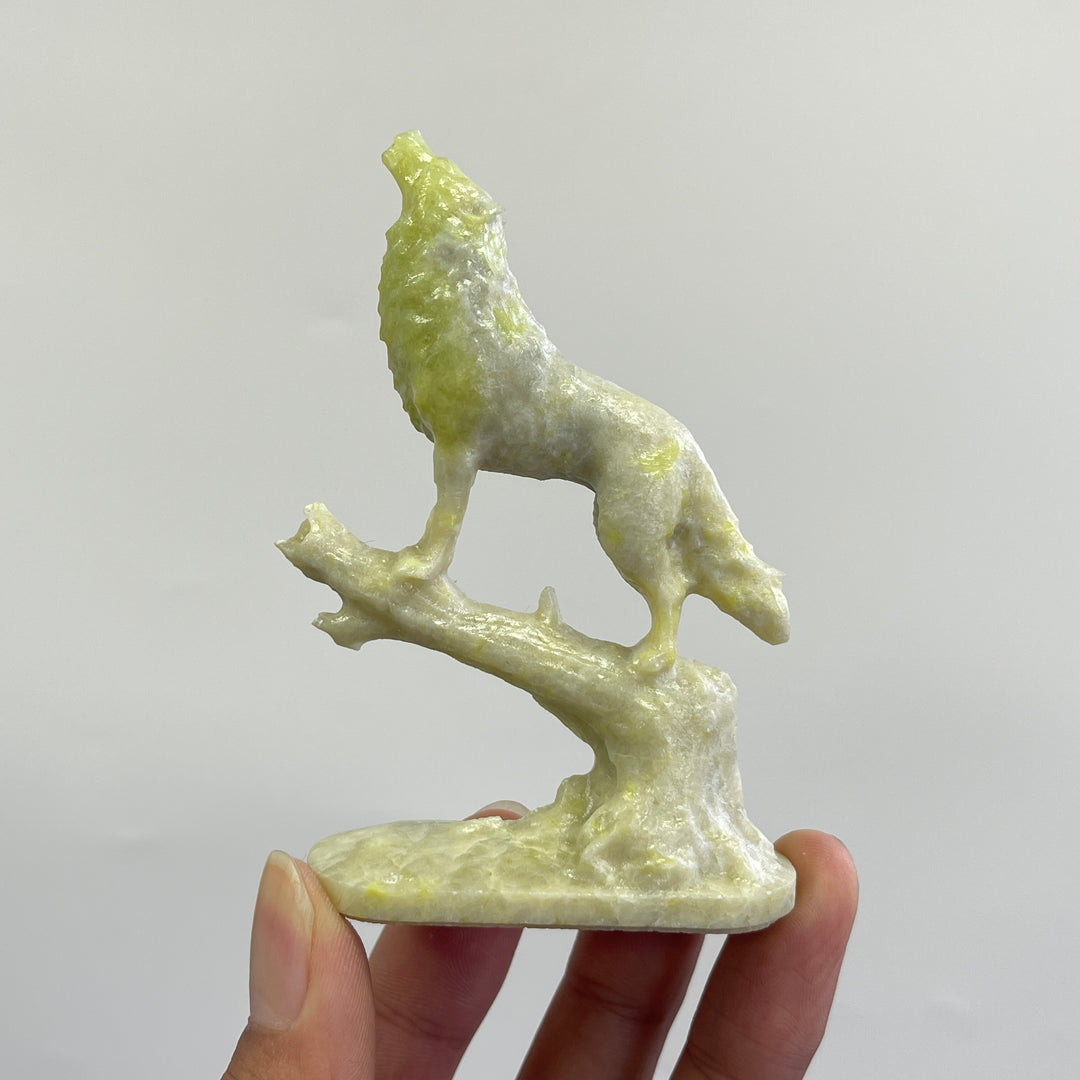 Natural Crystal Howling Wolf On Branch Carving