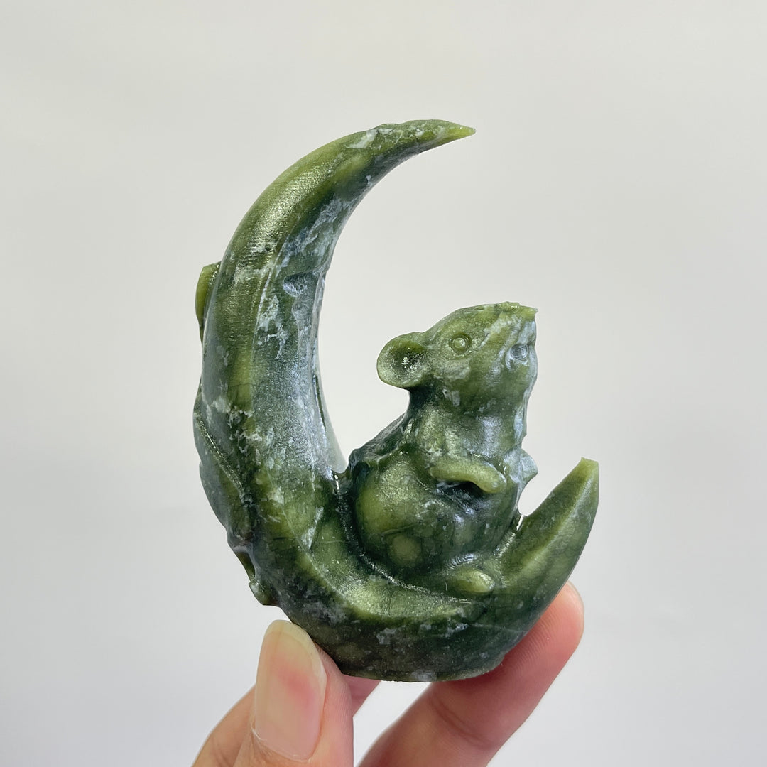 Natural Serpentine Crystal Carving Moon Rat