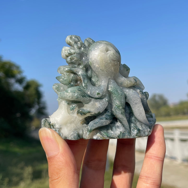 Unique,Natural Crystal Carving Moss Agate Octopus