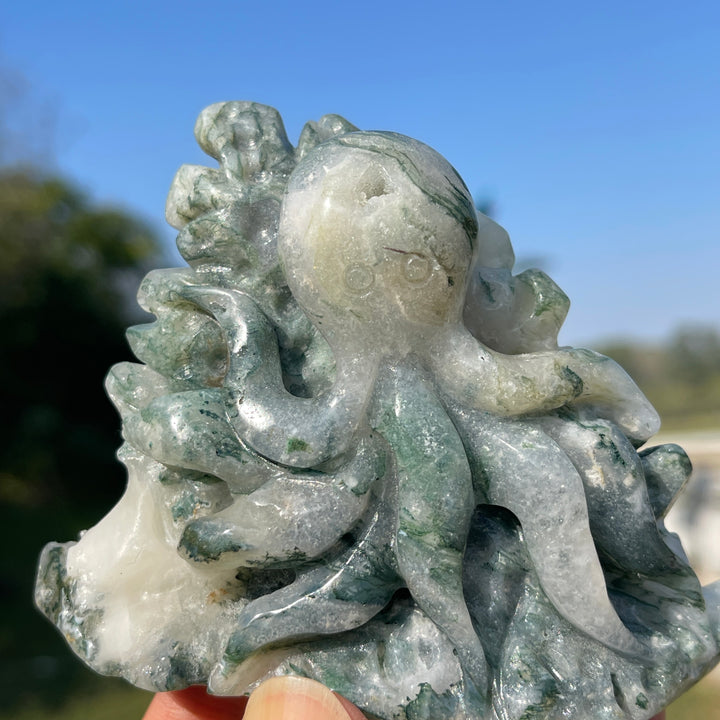 Unique,Natural Crystal Carving Moss Agate Octopus