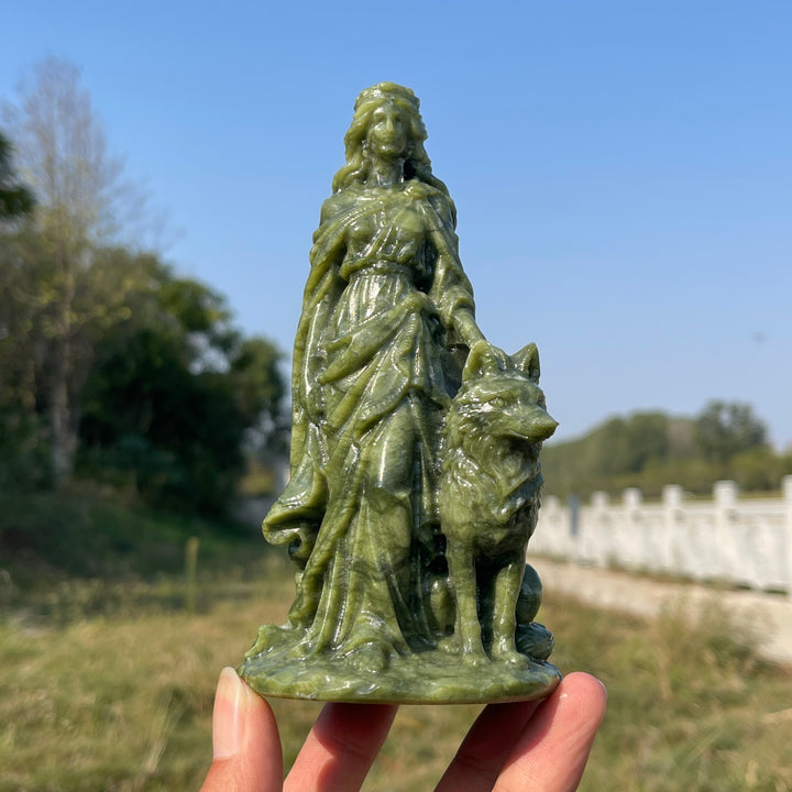 Unique,Natural Crystal Carving Serpentine Goddess With Wolf
