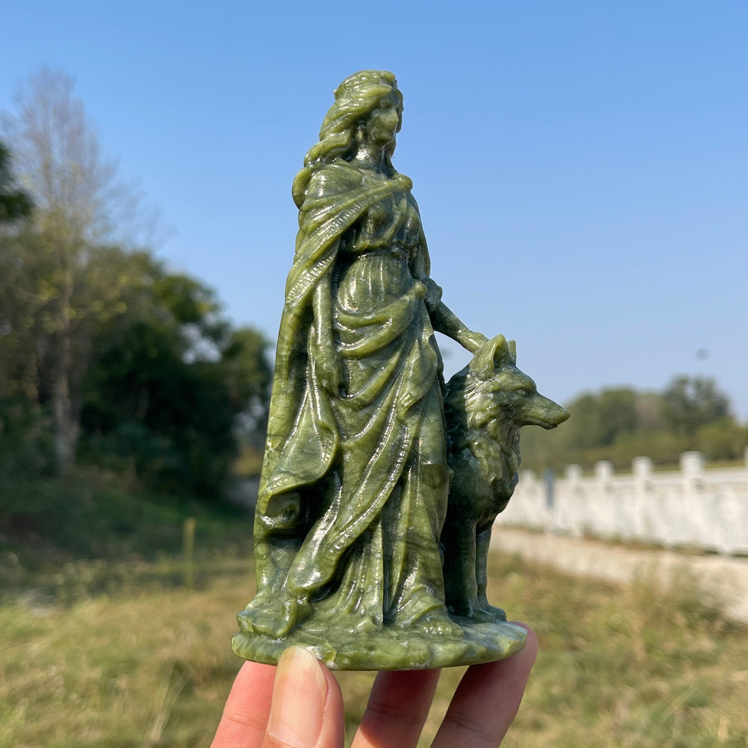 Unique,Natural Crystal Carving Serpentine Goddess With Wolf