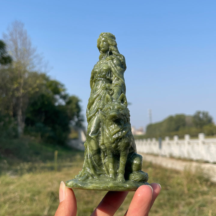 Unique,Natural Crystal Carving Serpentine Goddess With Wolf