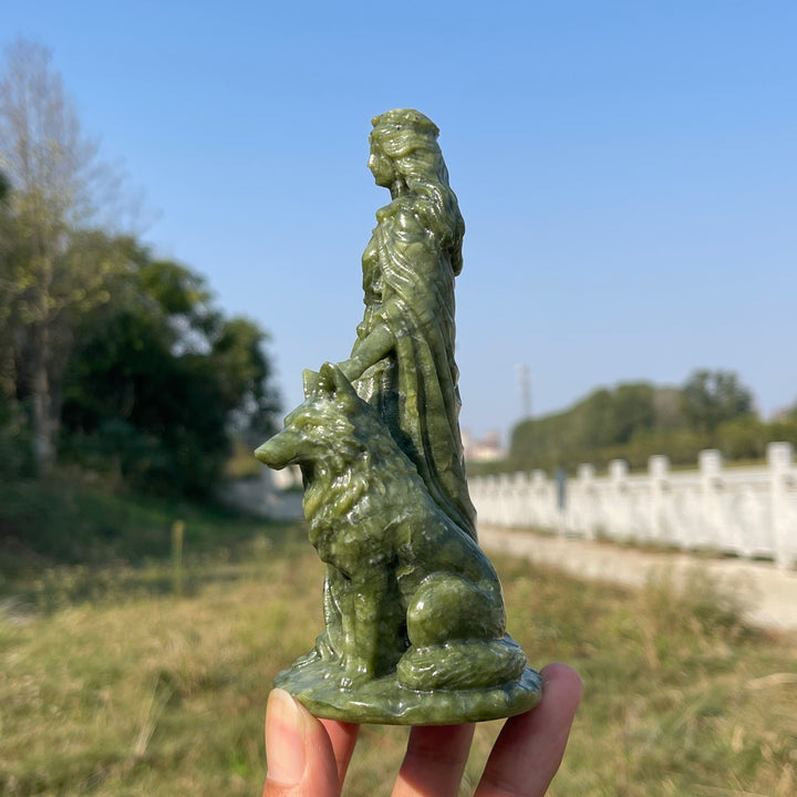 Unique,Natural Crystal Carving Serpentine Goddess With Wolf