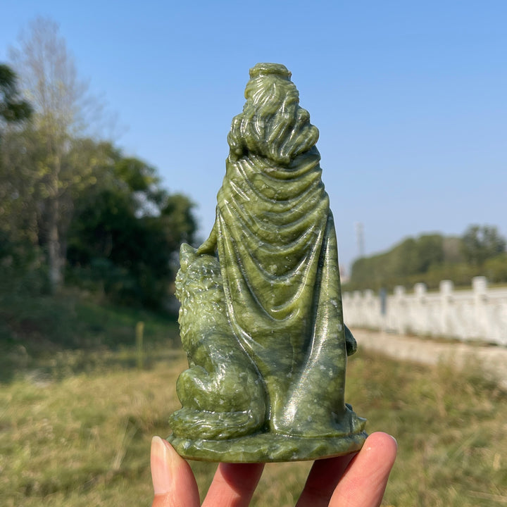 Unique,Natural Crystal Carving Serpentine Goddess With Wolf