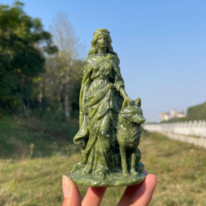 Unique,Natural Crystal Carving Serpentine Goddess With Wolf