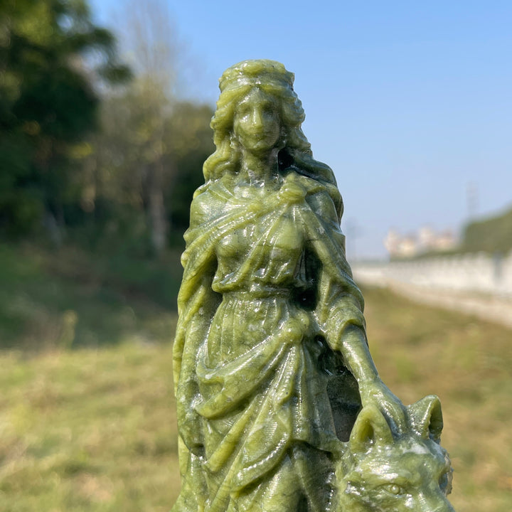 Unique,Natural Crystal Carving Serpentine Goddess With Wolf