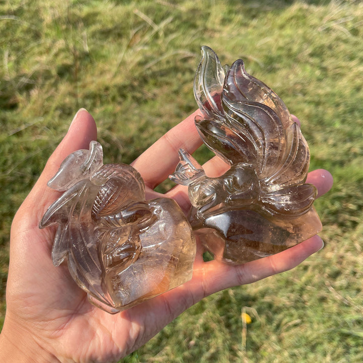 Unique,Natural Crystal Carving Smokey Quartz Dragon & Nine Tailed Fox