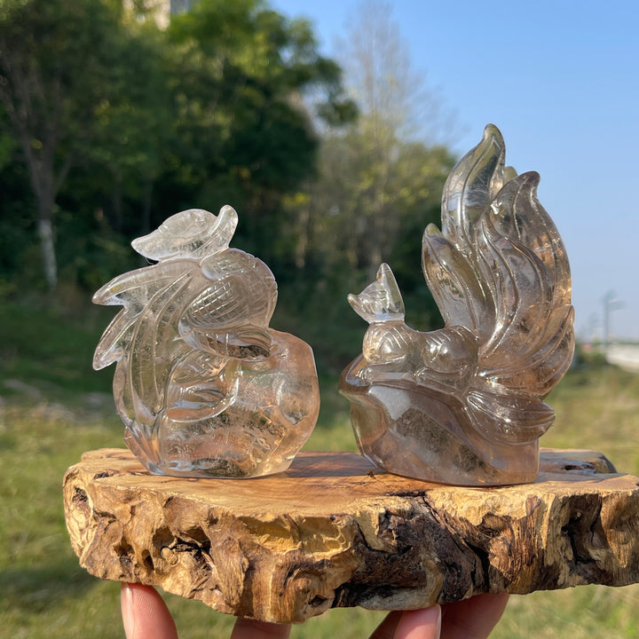 Unique,Natural Crystal Carving Smokey Quartz Dragon & Nine Tailed Fox