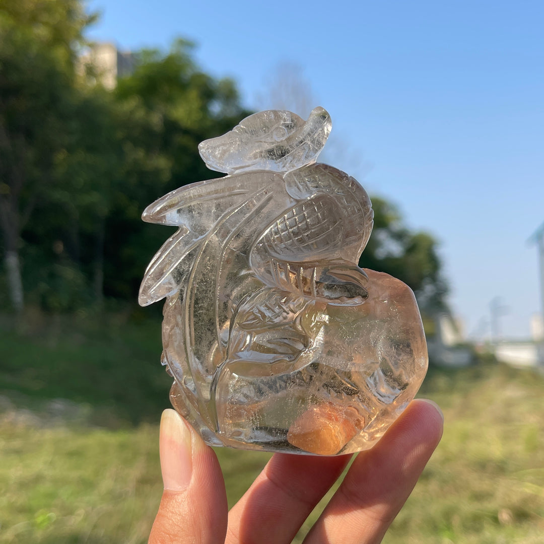 Unique,Natural Crystal Carving Smokey Quartz Dragon & Nine Tailed Fox