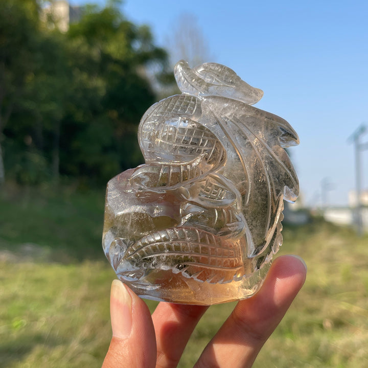 Unique,Natural Crystal Carving Smokey Quartz Dragon & Nine Tailed Fox