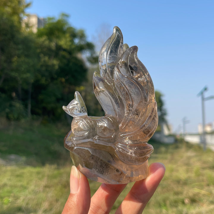 Unique,Natural Crystal Carving Smokey Quartz Dragon & Nine Tailed Fox