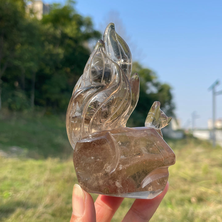 Unique,Natural Crystal Carving Smokey Quartz Dragon & Nine Tailed Fox