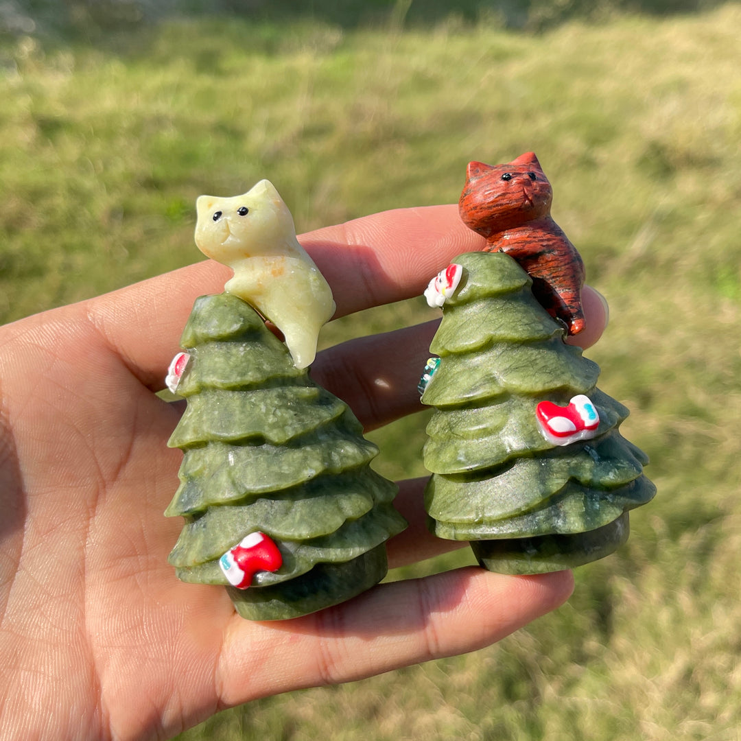 Natural Crystal Carving Cat With Christmas Tree