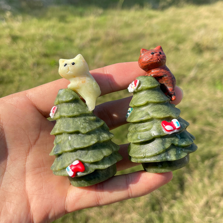 Natural Crystal Carving Cat With Christmas Tree
