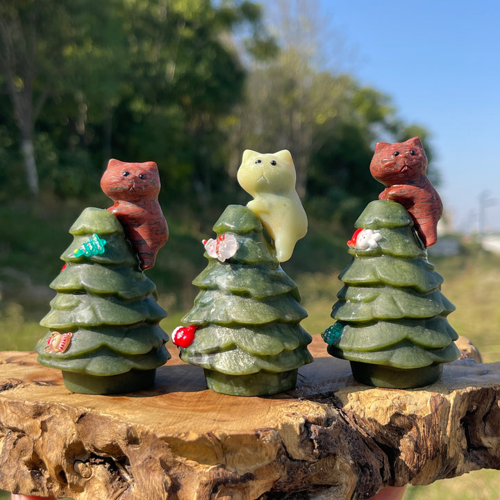 Natural Crystal Carving Cat With Christmas Tree