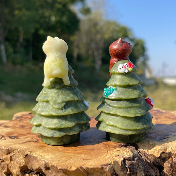Natural Crystal Carving Cat With Christmas Tree