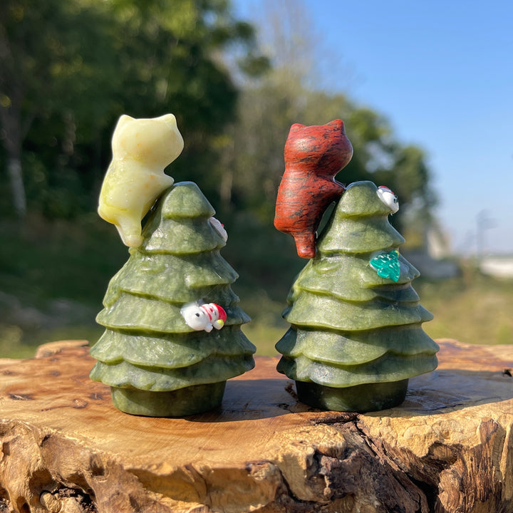 Natural Crystal Carving Cat With Christmas Tree