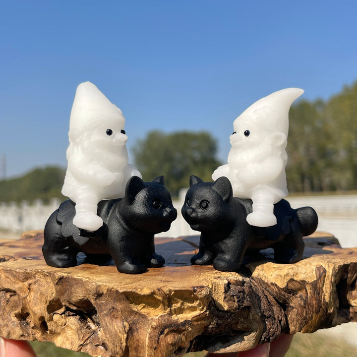 Natural Crystal Carving Cute Gnome Riding Cat