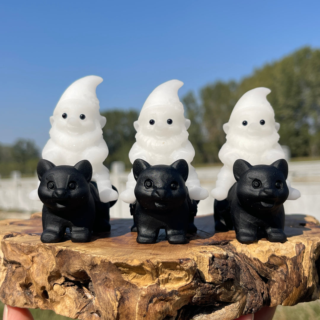 Natural Crystal Carving Cute Gnome Riding Cat