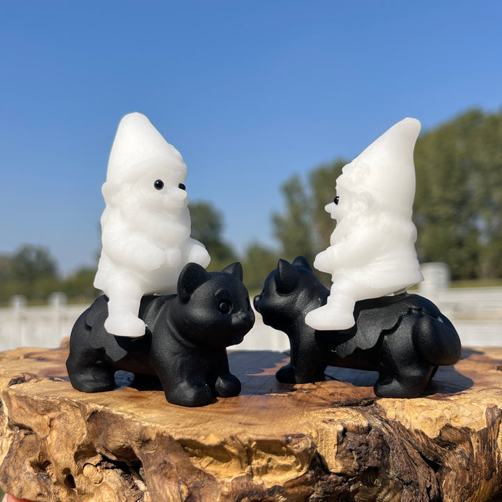 Natural Crystal Carving Cute Gnome Riding Cat