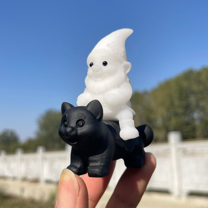 Natural Crystal Carving Cute Gnome Riding Cat