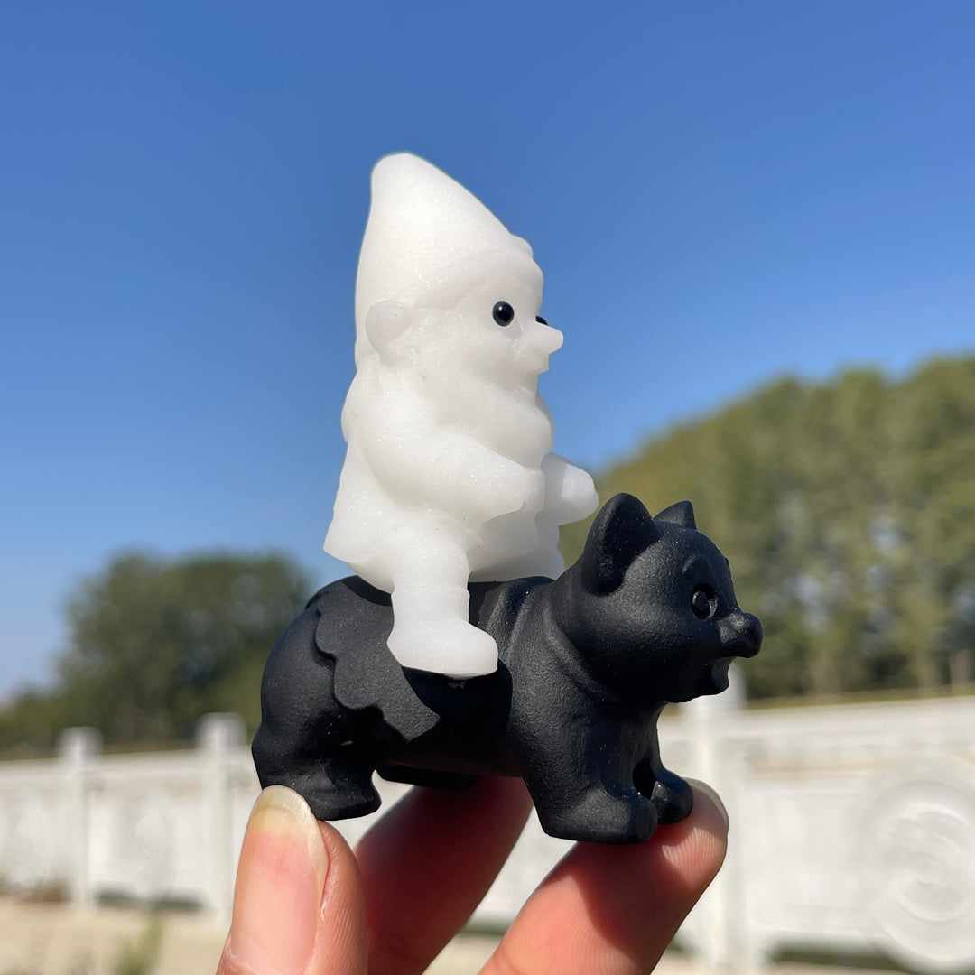 Natural Crystal Carving Cute Gnome Riding Cat