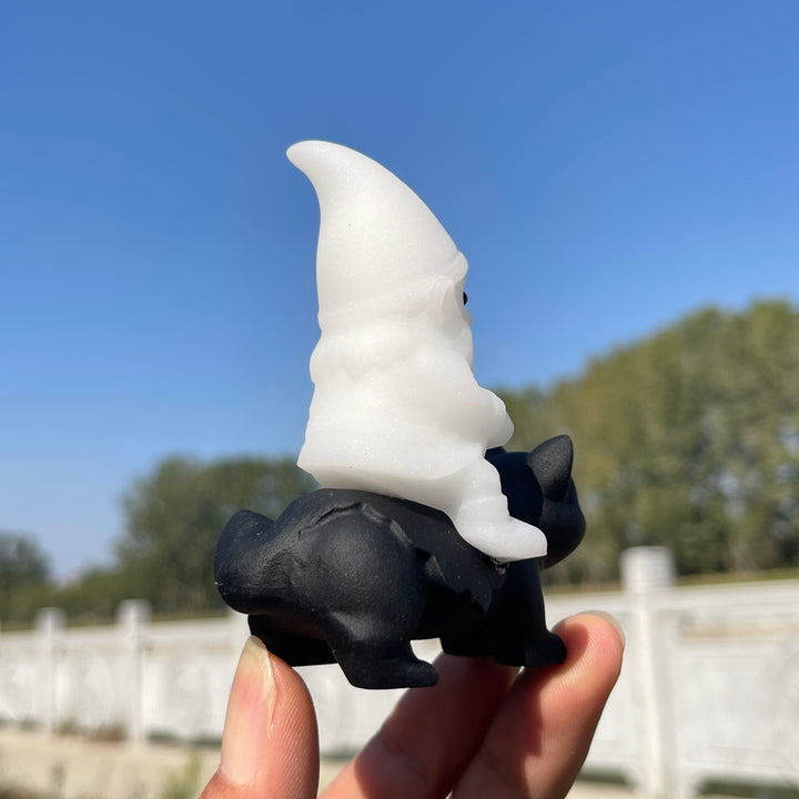 Natural Crystal Carving Cute Gnome Riding Cat