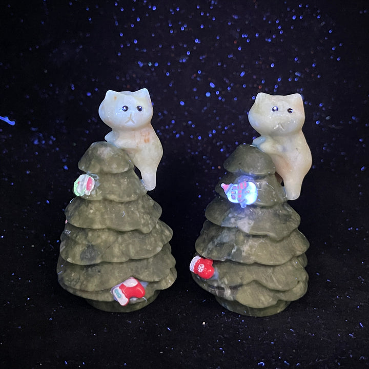 Natural Crystal Carving Cat With Christmas Tree