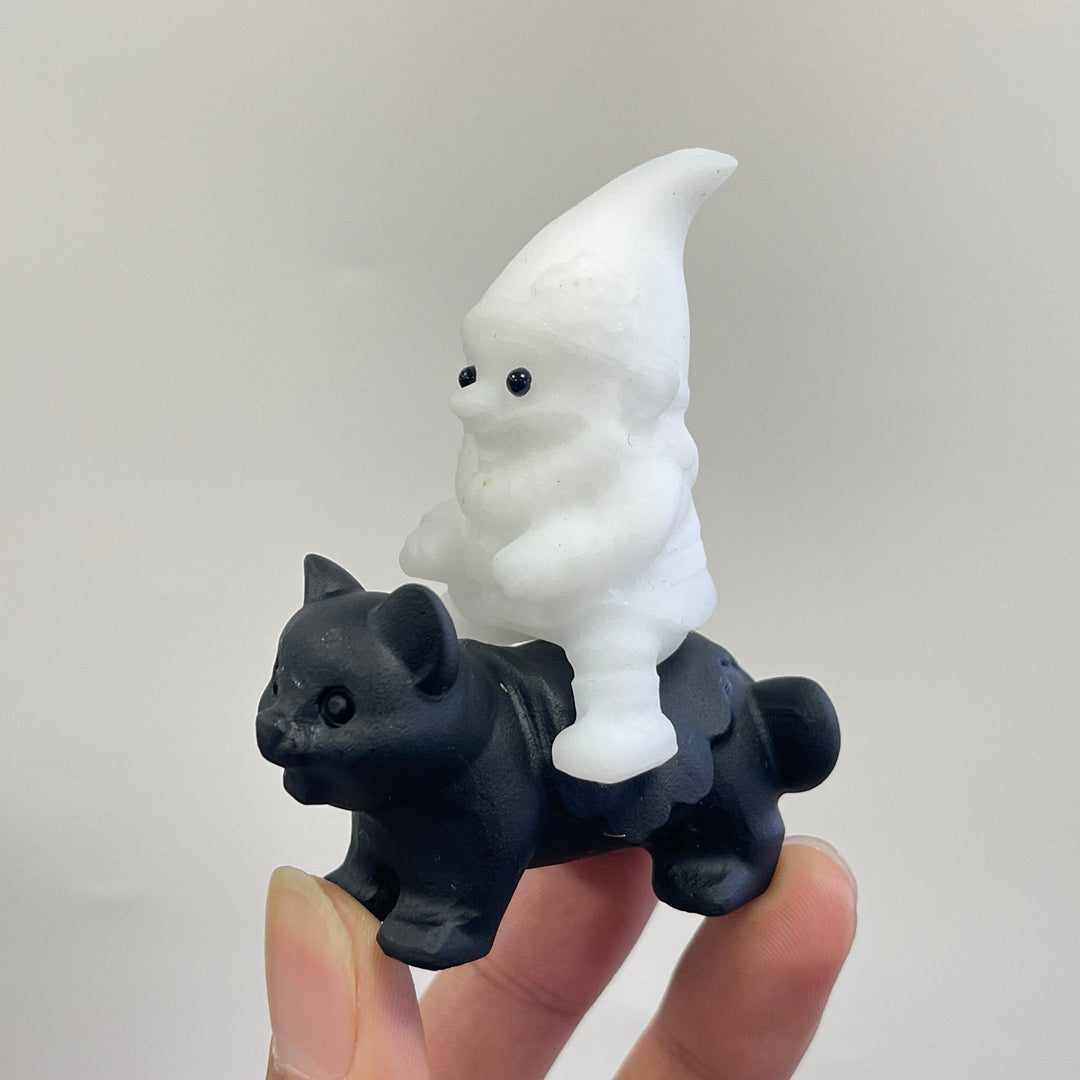 Natural Crystal Carving Cute Gnome Riding Cat