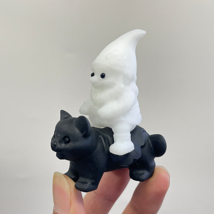 Natural Crystal Carving Cute Gnome Riding Cat