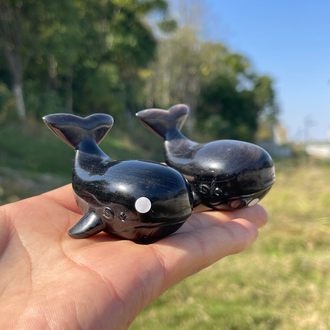 A Slightly Imperfect Natural Crystal Carving Silver Obsidian Dolphin