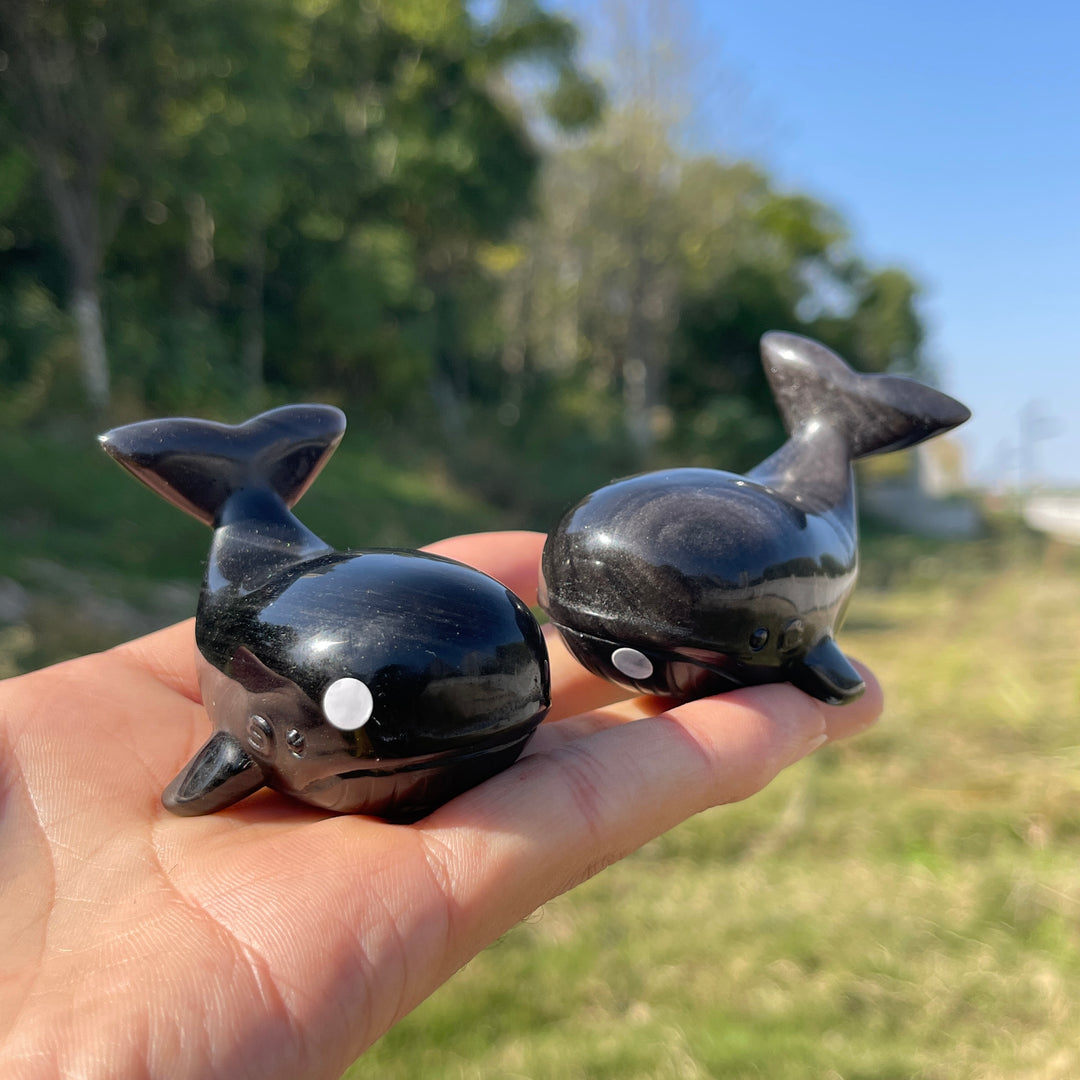 A Slightly Imperfect Natural Crystal Carving Silver Obsidian Dolphin
