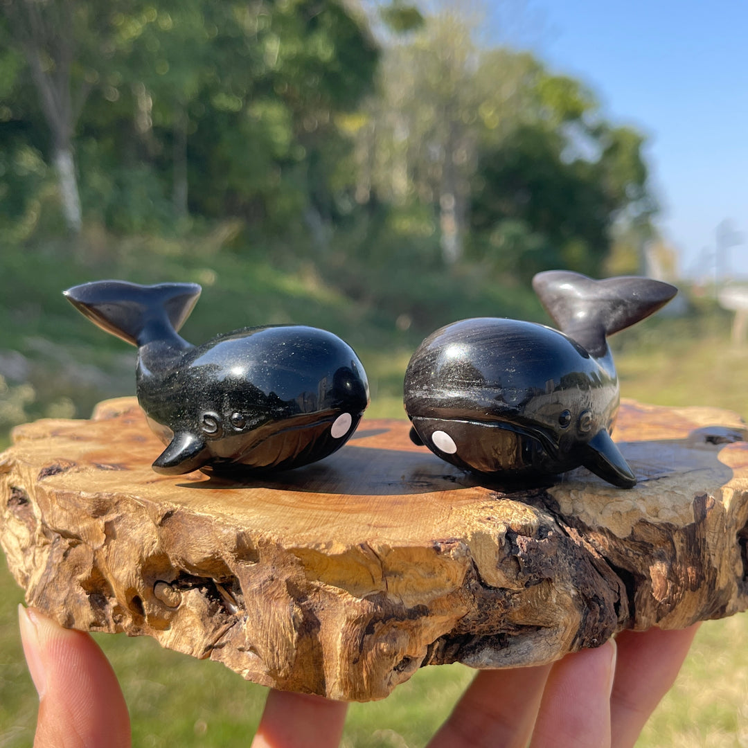A Slightly Imperfect Natural Crystal Carving Silver Obsidian Dolphin