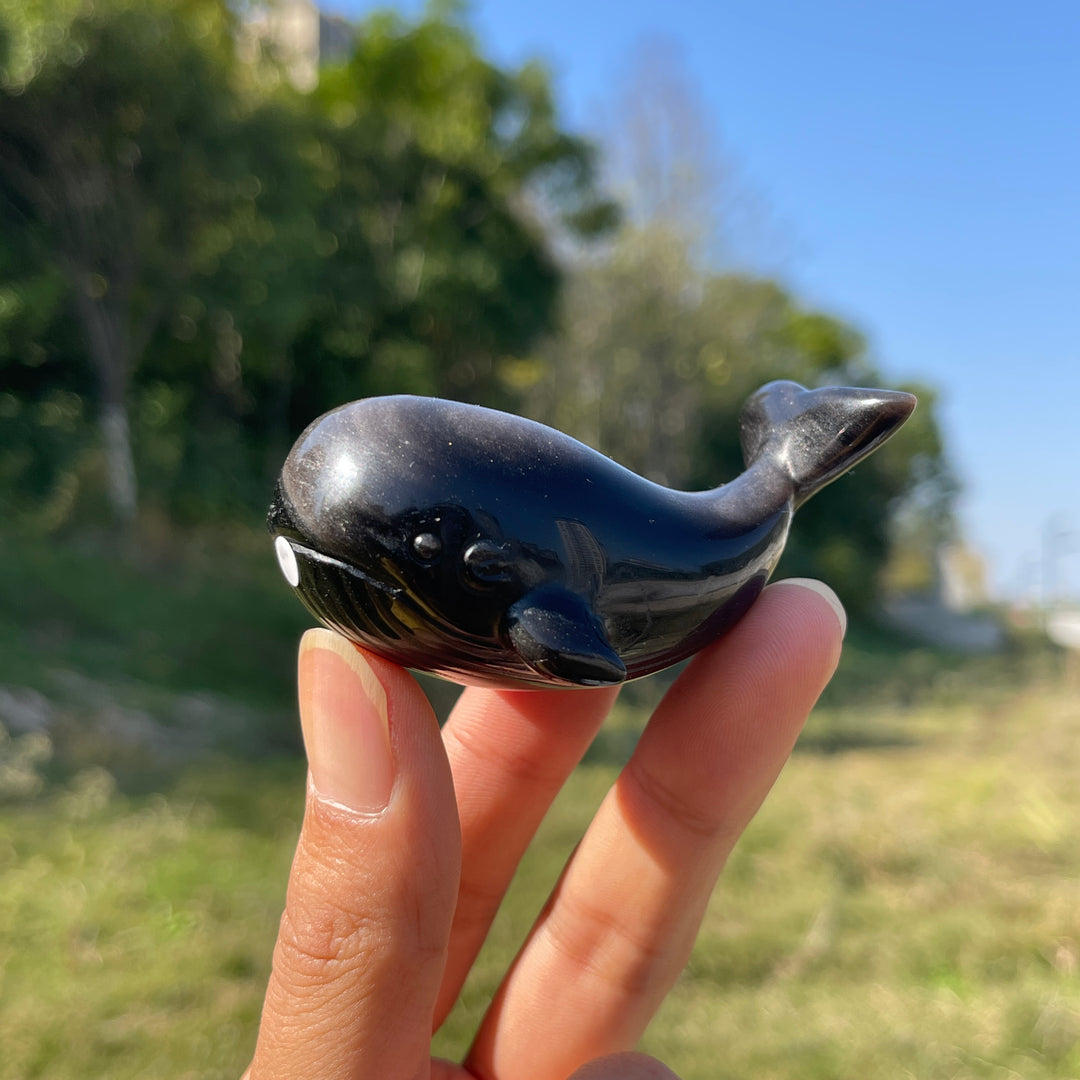 A Slightly Imperfect Natural Crystal Carving Silver Obsidian Dolphin