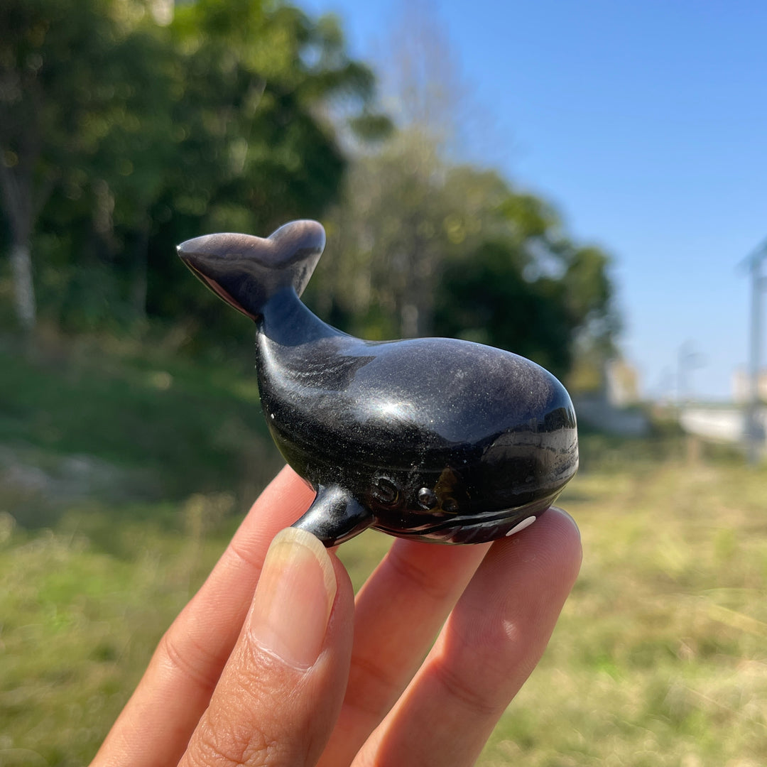 A Slightly Imperfect Natural Crystal Carving Silver Obsidian Dolphin