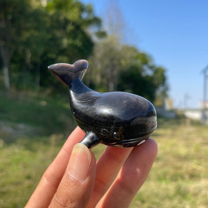 A Slightly Imperfect Natural Crystal Carving Silver Obsidian Dolphin