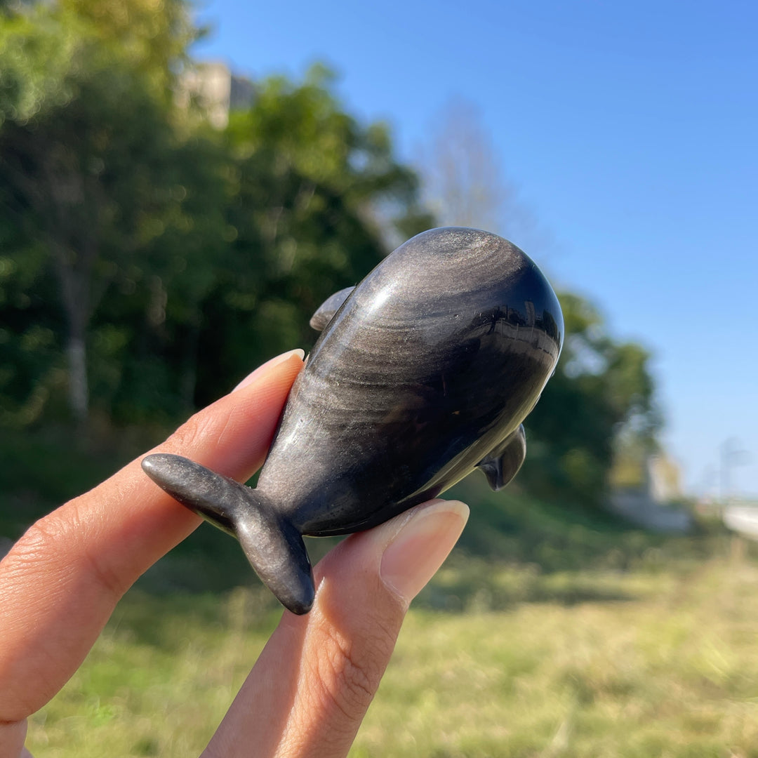 A Slightly Imperfect Natural Crystal Carving Silver Obsidian Dolphin