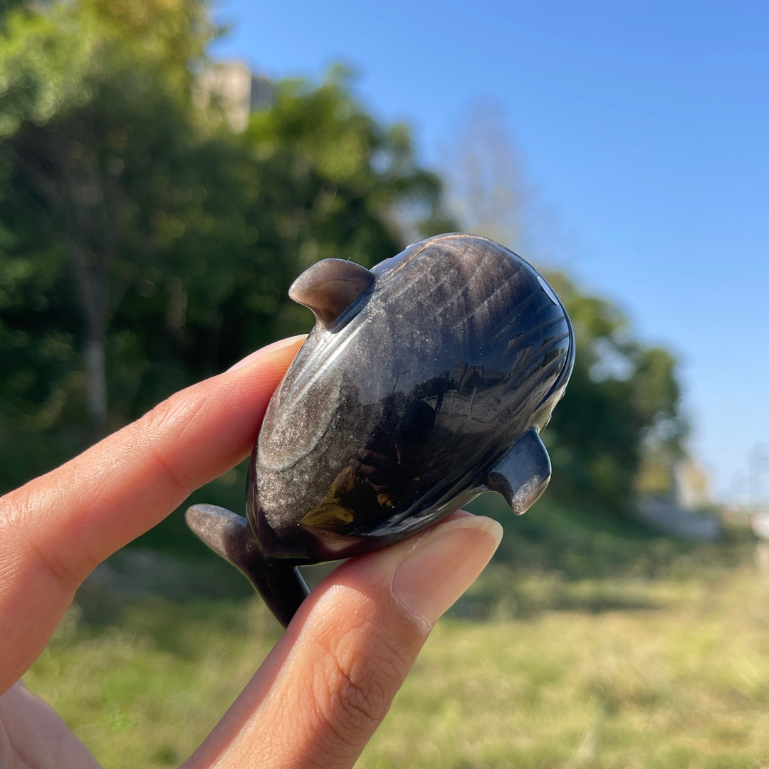 A Slightly Imperfect Natural Crystal Carving Silver Obsidian Dolphin