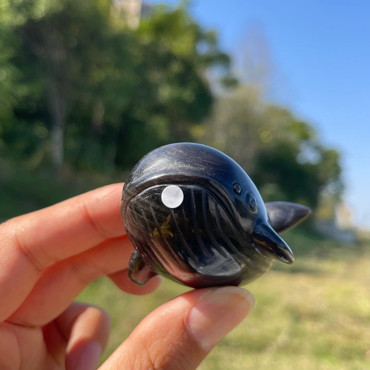 A Slightly Imperfect Natural Crystal Carving Silver Obsidian Dolphin