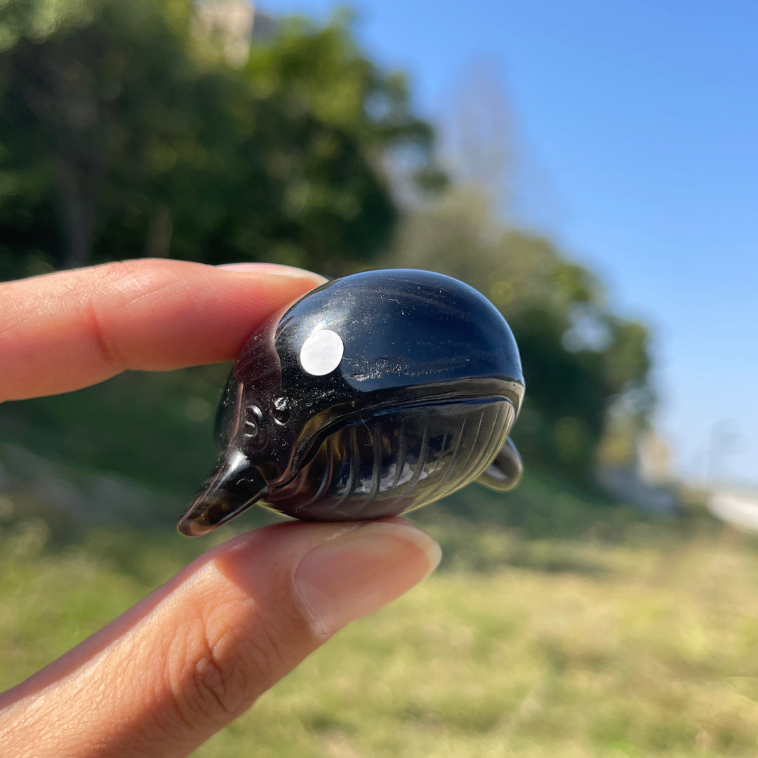 A Slightly Imperfect Natural Crystal Carving Silver Obsidian Dolphin