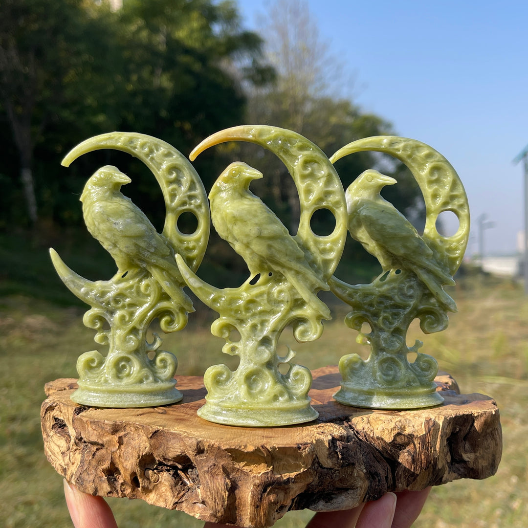 Natural Crystal Carving Serpentine Moon Raven
