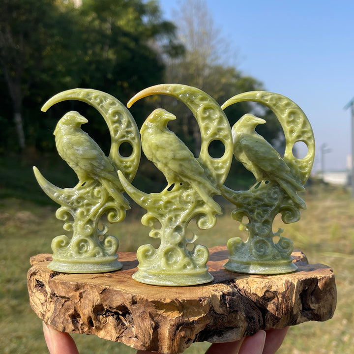 Natural Crystal Carving Serpentine Moon Raven
