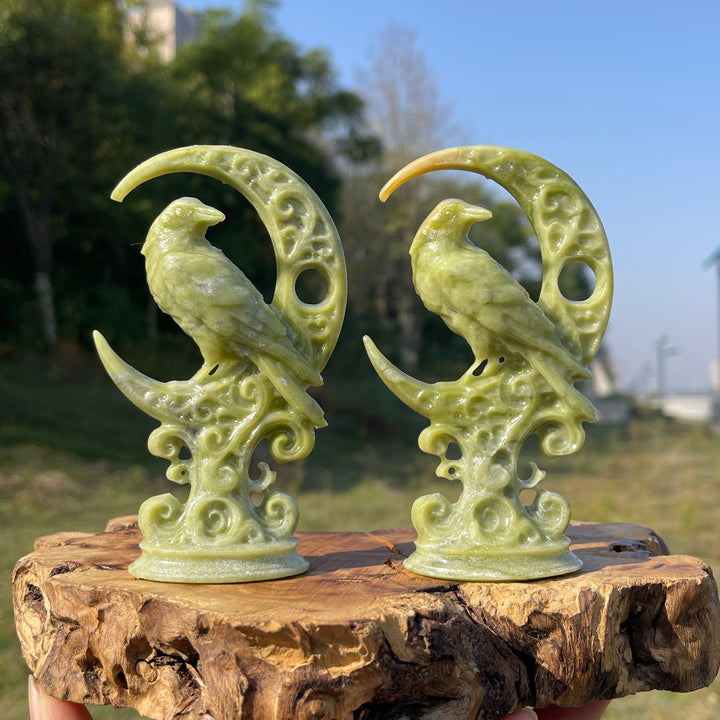 Natural Crystal Carving Serpentine Moon Raven