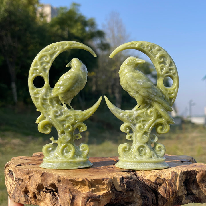 Natural Crystal Carving Serpentine Moon Raven