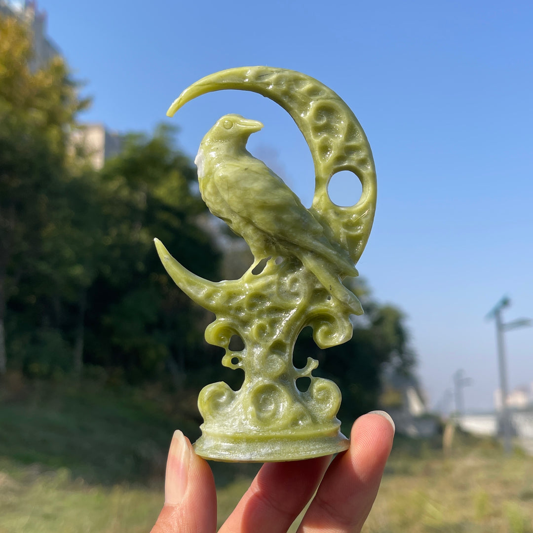 Natural Crystal Carving Serpentine Moon Raven