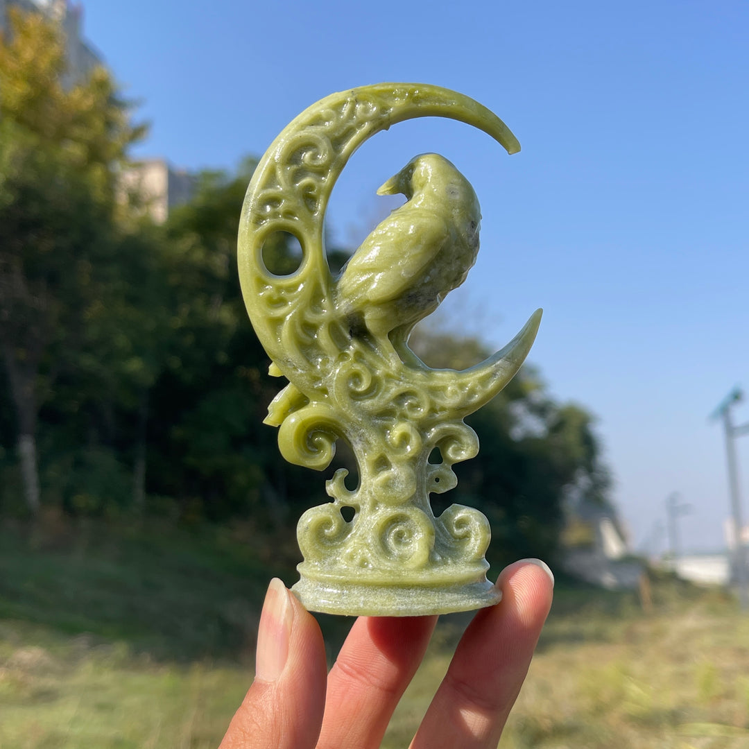 Natural Crystal Carving Serpentine Moon Raven