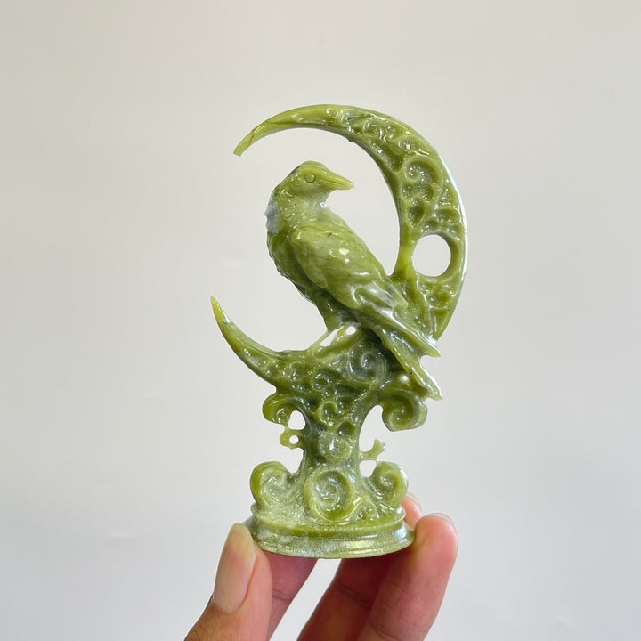Natural Crystal Carving Serpentine Moon Raven