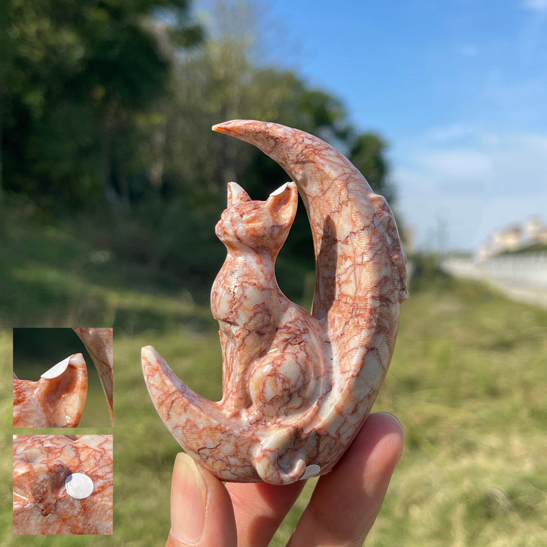 A Slightly Imperfect Natural Crystal Cute Cat On Moon Carving